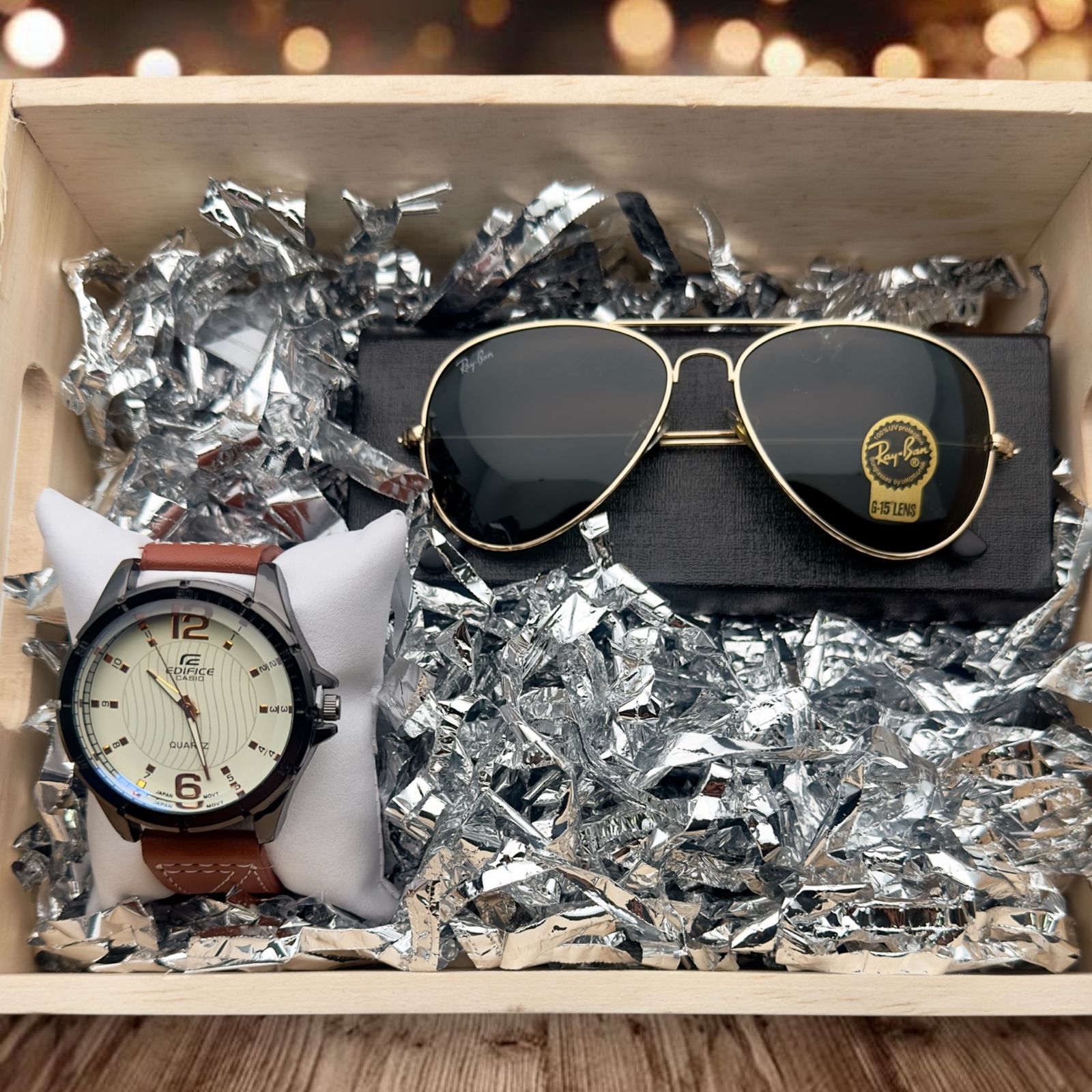 Combo Premium: Reloj + Gafa + Caja de Presentación en Mader
